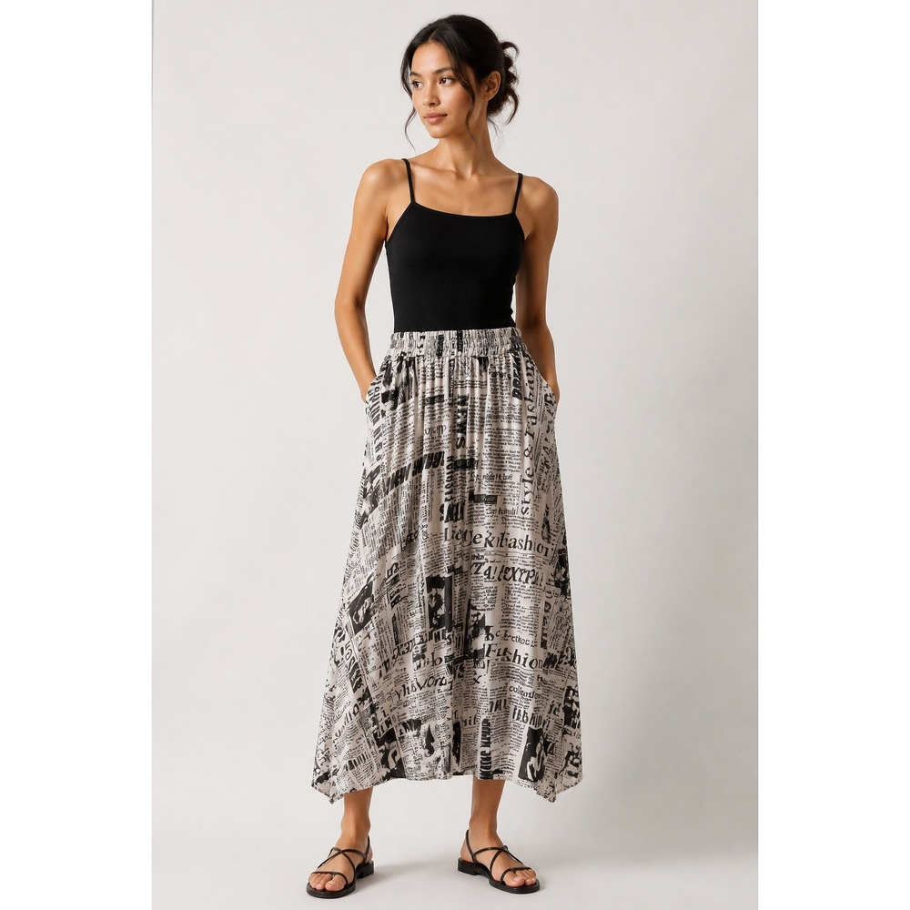 Live 4 Truth Newspaper Print Pleated Maxi Skirt Black White L Festival Artsy Y2K
